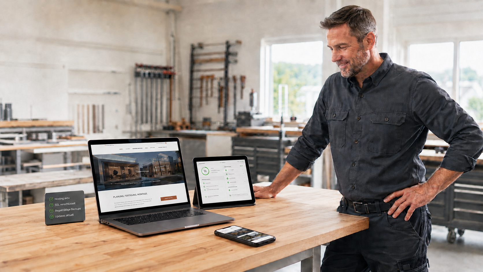 Handwerker betrachtet seine Unternehmenswebsite auf einem Laptop in der Werkstatt.