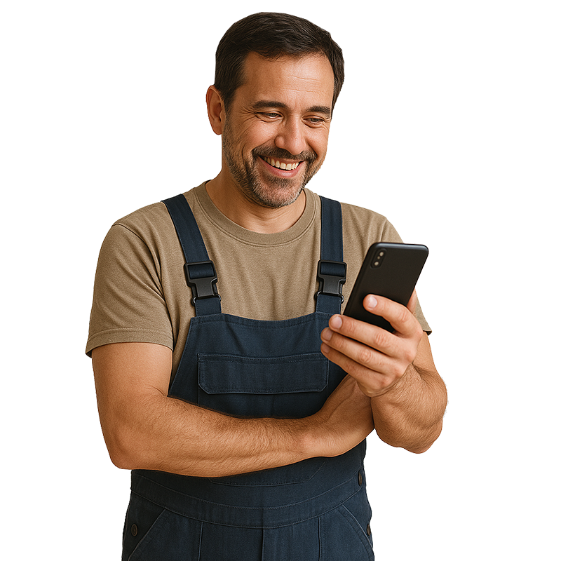 Handwerker Max Mustermann freut sich über seinen neuen Internetauftritt.